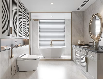 Elegant Modern Bathroom Interior With White Bathtub Gray Cabinets And Marble Vanity Mirror 3d model