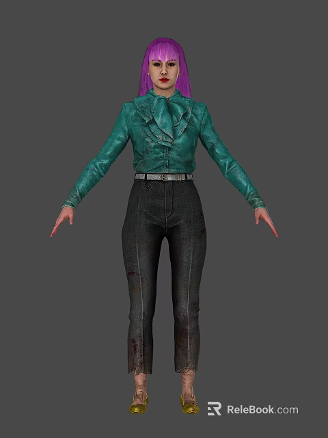 Woman Wearing Green Leather Jacket With Ruffled Design And Dark Distressed Jeans Full Body 3d model 