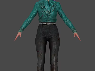 Woman Wearing Green Leather Jacket With Ruffled Design And Dark Distressed Jeans Full Body 3d model