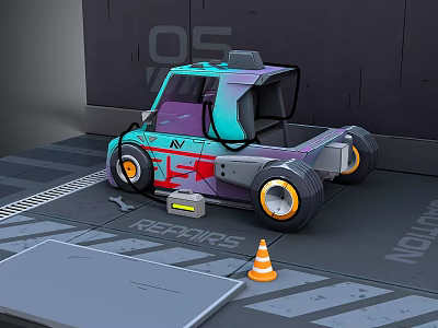 Colorful Small Car With Yellow Rims Near Repairs Sign And Traffic Cone 3d model