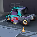 Colorful Small Car With Yellow Rims Near Repairs Sign And Traffic Cone