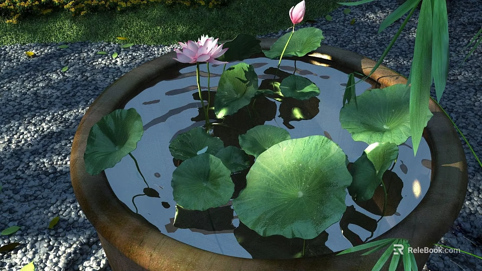 Lotus Flowers And Green Leaves Floating In Stone Basin With Water And Gravel 3d model 