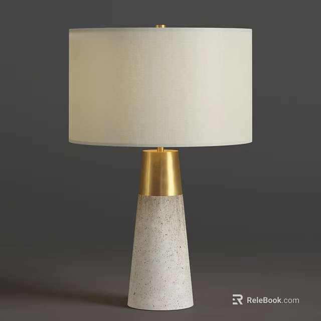 Table Lamp with Cream Linen Shade Golden Brass Base and Concrete Cone Body 3d model 