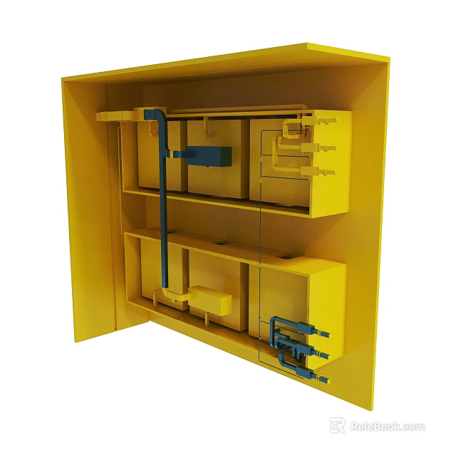Detailed Yellow Cabinet Structure With Multiple Compartments And Blue Connectors 3d model