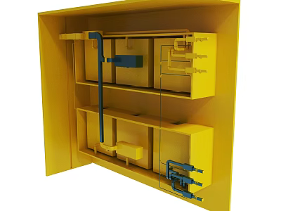 Detailed Yellow Cabinet Structure With Multiple Compartments And Blue Connectors 3d model