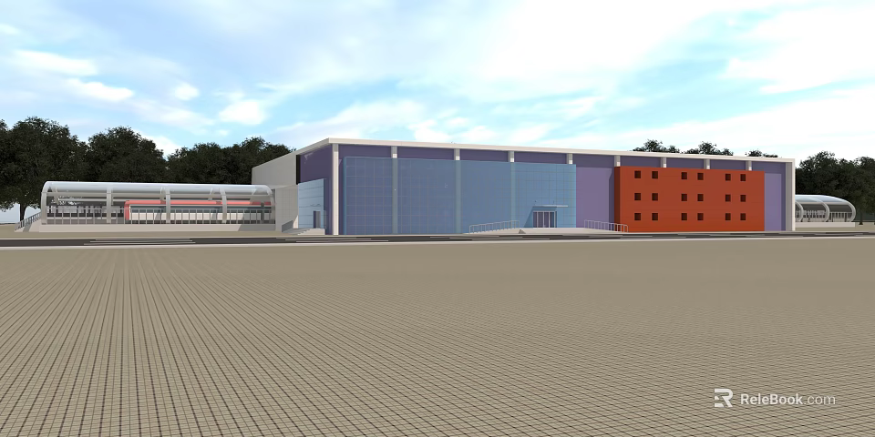Modern Building With Glass Facade Red Brick Section And Open Plaza 3d model 