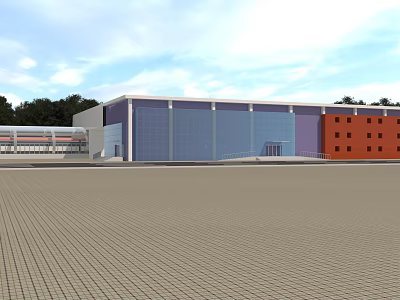 Modern Building With Glass Facade Red Brick Section And Open Plaza 3d model