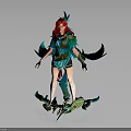 Red Haired Female Character in Feathered Attire with Symbiotic Green Blue Spiked Creature