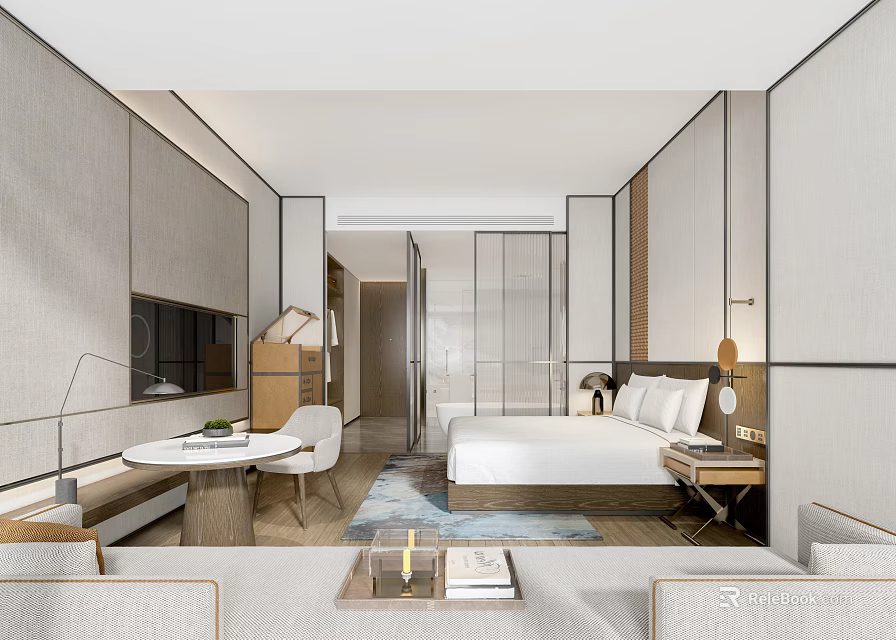 Modern Hotel Guest Room Interior With King Bed Sofa TV Desk And Area Rug Lighting 3d model 