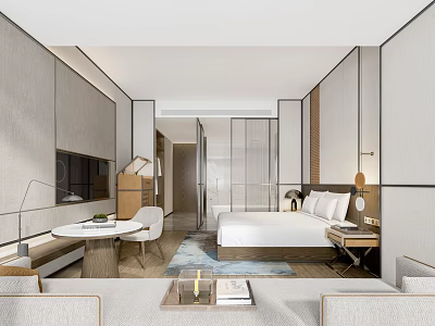 Modern Hotel Guest Room Interior With King Bed Sofa TV Desk And Area Rug Lighting 3d model