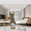 Modern Hotel Guest Room Interior With King Bed Sofa TV Desk And Area Rug Lighting