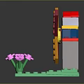 Colorful Building Blocks Windmill With Green Base And Pink Flowers