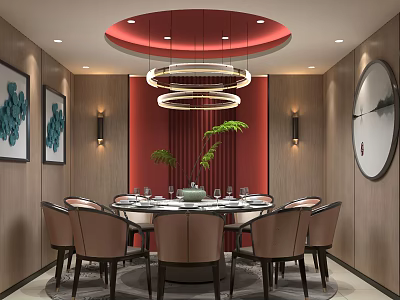 Elegant Private Dining Room Interior With Round Dining Table Leather Chairs And Red Accent Wall 3d model
