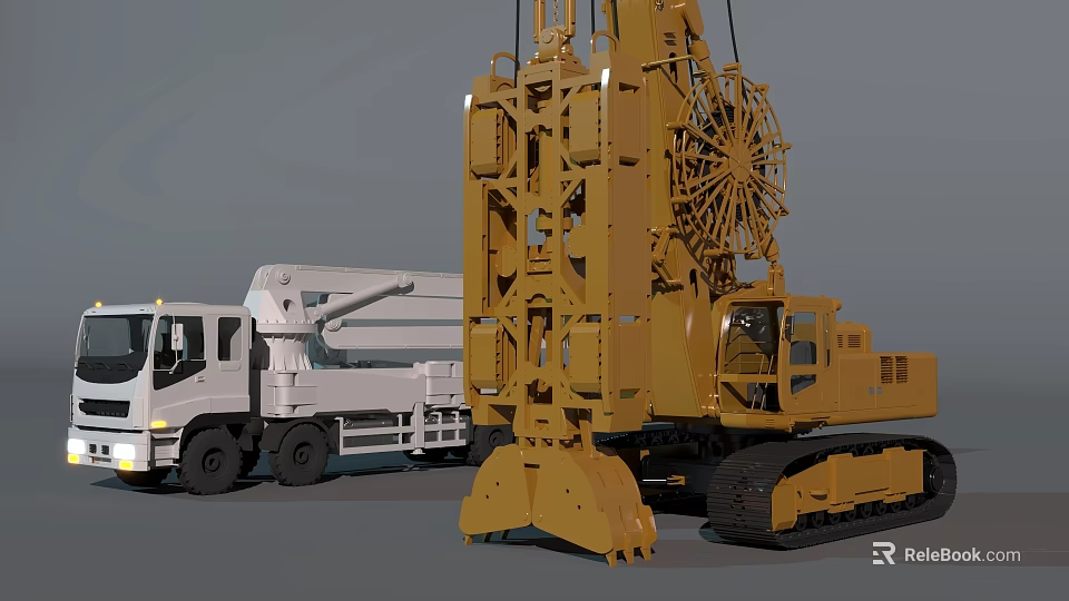 Yellow Large Crawler Crane With Complex Structure And White Truck Parked Beside 3d model 