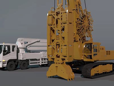 Yellow Large Crawler Crane With Complex Structure And White Truck Parked Beside 3d model