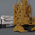 Yellow Large Crawler Crane With Complex Structure And White Truck Parked Beside