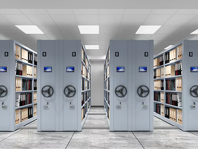 Archive Room Interior With Mobile Shelving Units Files And Digital Screens 3d model