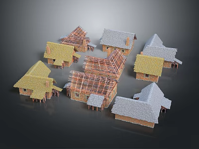 Miniature House Models With Various Roof Designs And Wooden Frames 3d model