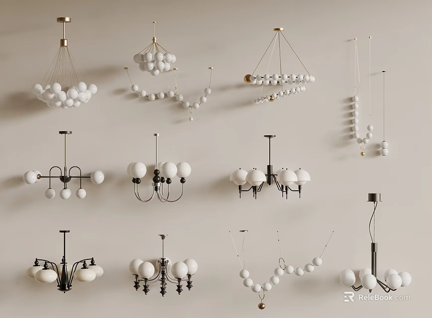 Modern Chandeliers Featuring White Spherical Bulbs And Black Metal Frames 3d model