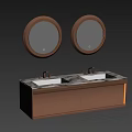 Modern Bathroom Vanity With Double Sinks Round Illuminated Mirrors And Marble Countertop