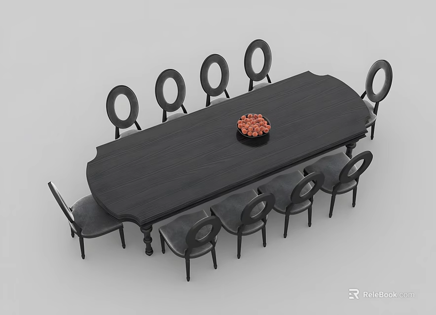 Black Oval Wooden Dining Table Set With Eight Chairs And Red Centerpiece 3d model 