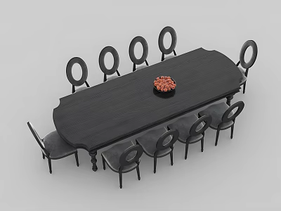 Black Oval Wooden Dining Table Set With Eight Chairs And Red Centerpiece 3d model