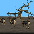 Desert Landscape with Walking Camels Leafless Tree Simple Shelters and Blue Sky