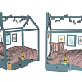 House Shaped Kids Bed With Blue Frame Storage Drawers Top Ball Garland And Decorative
