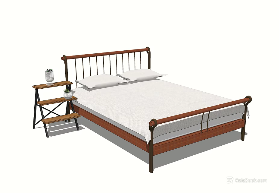 Wooden Frame Double Bed With White Mattress Pillows And Nightstand Lamp 3d model 