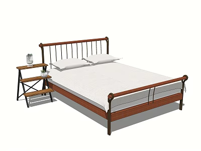 Wooden Frame Double Bed With White Mattress Pillows And Nightstand Lamp 3d model