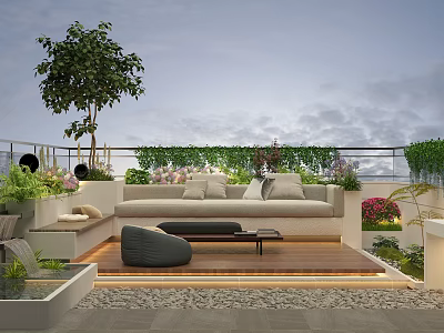 Serene Roof Garden Outdoor Lounge Area With Cozy Sofa And Lush Greenery 3d model