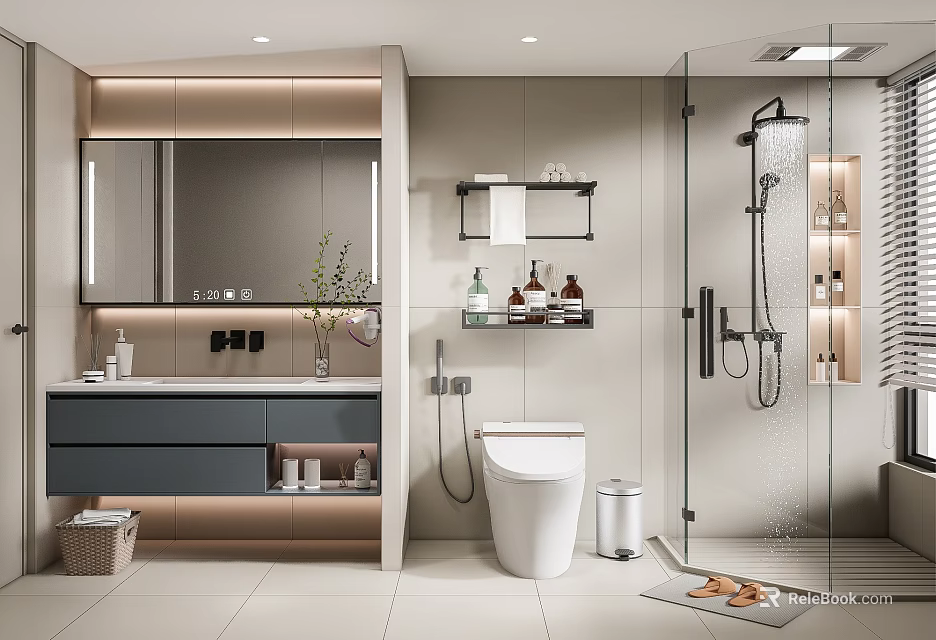 Modern Bathroom Interior With Illuminated Mirror Vanity Toilet Glass Shower And Shelves 3d model 