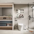 Modern Bathroom Interior With Illuminated Mirror Vanity Toilet Glass Shower And Shelves