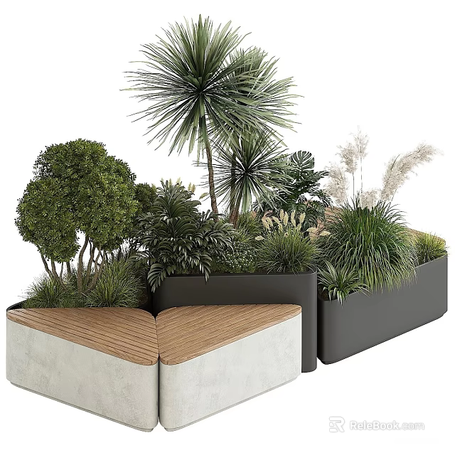 Modern Landscape Seating With Concrete Structure And Wooden Surface Surrounded by Tropical Trees and Shrubs 3d model 