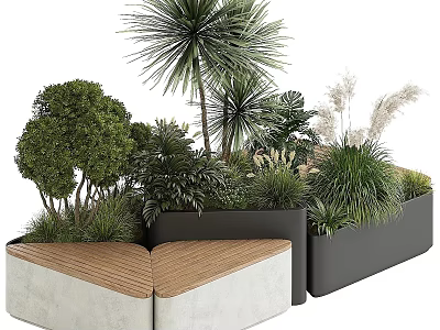 Modern Landscape Seating With Concrete Structure And Wooden Surface Surrounded by Tropical Trees and Shrubs 3d model