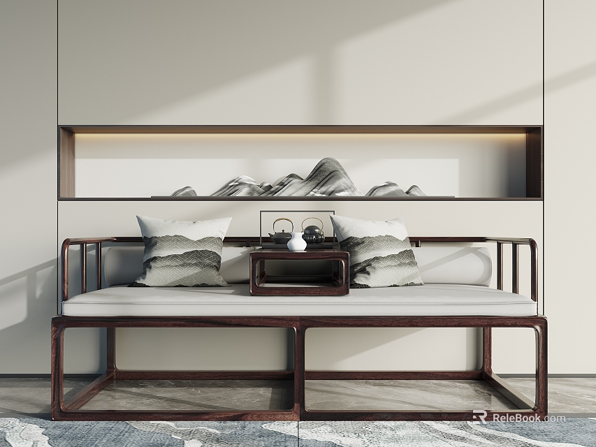 Neoclassical Chinese Arhat Daybed With Wooden Frame Decorative Cushions And Landscape Backdrop 3d model 