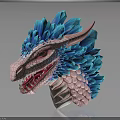 Pink And Blue Dragon Head Sculpture With Open Mouth Sharp Teeth Scaly Neck And Frills