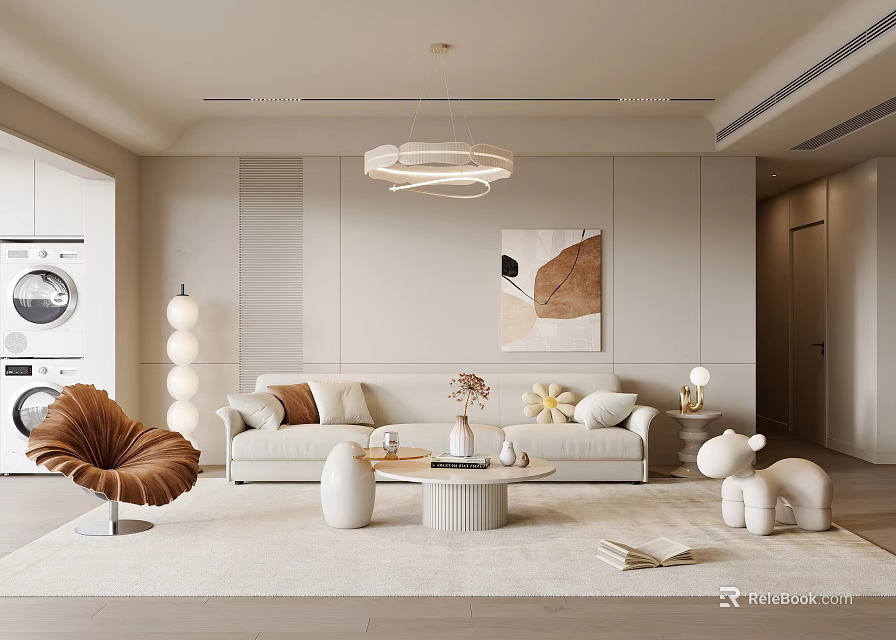 Modern Living Room Interior With Beige Sofa Round Coffee Table And Wall Art 3d model 