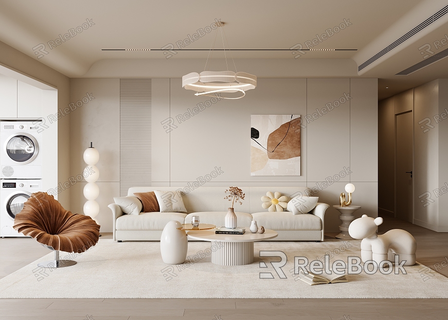 Modern Living Room Sofa Coffee Table Combination Chandelier Hanging Picture Floor Lamp Washing Machine Side Table Lotus Leaf Chair model