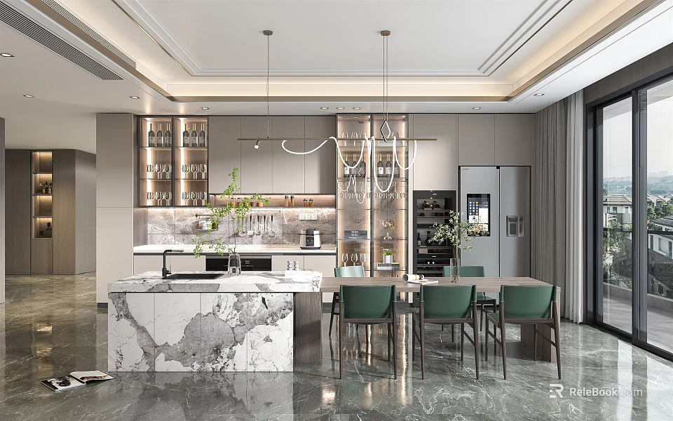 Modern Restaurant Interior Design With Marble Island Green Chairs Open Layout And Pendant Lights 3d model 