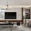 Living Dining Room Interior With Chandeliers Landscape Painting Sofa Coffee Table Rug And Dining Set