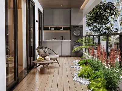 Home Balcony With Wooden Floor Cozy Armchair Side Table Green Plants Storage Cabinets And Pebbles 3d model