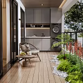 Home Balcony With Wooden Floor Cozy Armchair Side Table Green Plants Storage Cabinets And Pebbles