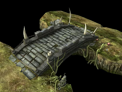 Fantasy Style Stone Bridge With Spiked Decorations On Rocky Terrain And Vines 3d model