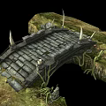 Fantasy Style Stone Bridge With Spiked Decorations On Rocky Terrain And Vines