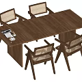 Wooden Dining Table Set With Four Woven Back Chairs And Tabletop Magazine And Cup