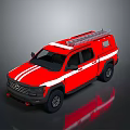 Red Fire Rescue Pickup Truck With Roof Ladder And White Stripes