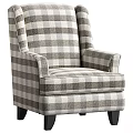 Gray and White Plaid Upholstered Armchair with Black Legs and Classic Design
