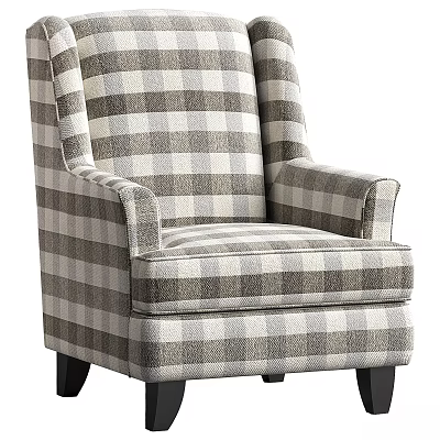 Gray and White Plaid Upholstered Armchair with Black Legs and Classic Design 3d model