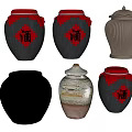 Decorative Ceramic Jar Ornament Set with Red Lids Wine Character Labels and Various Designs